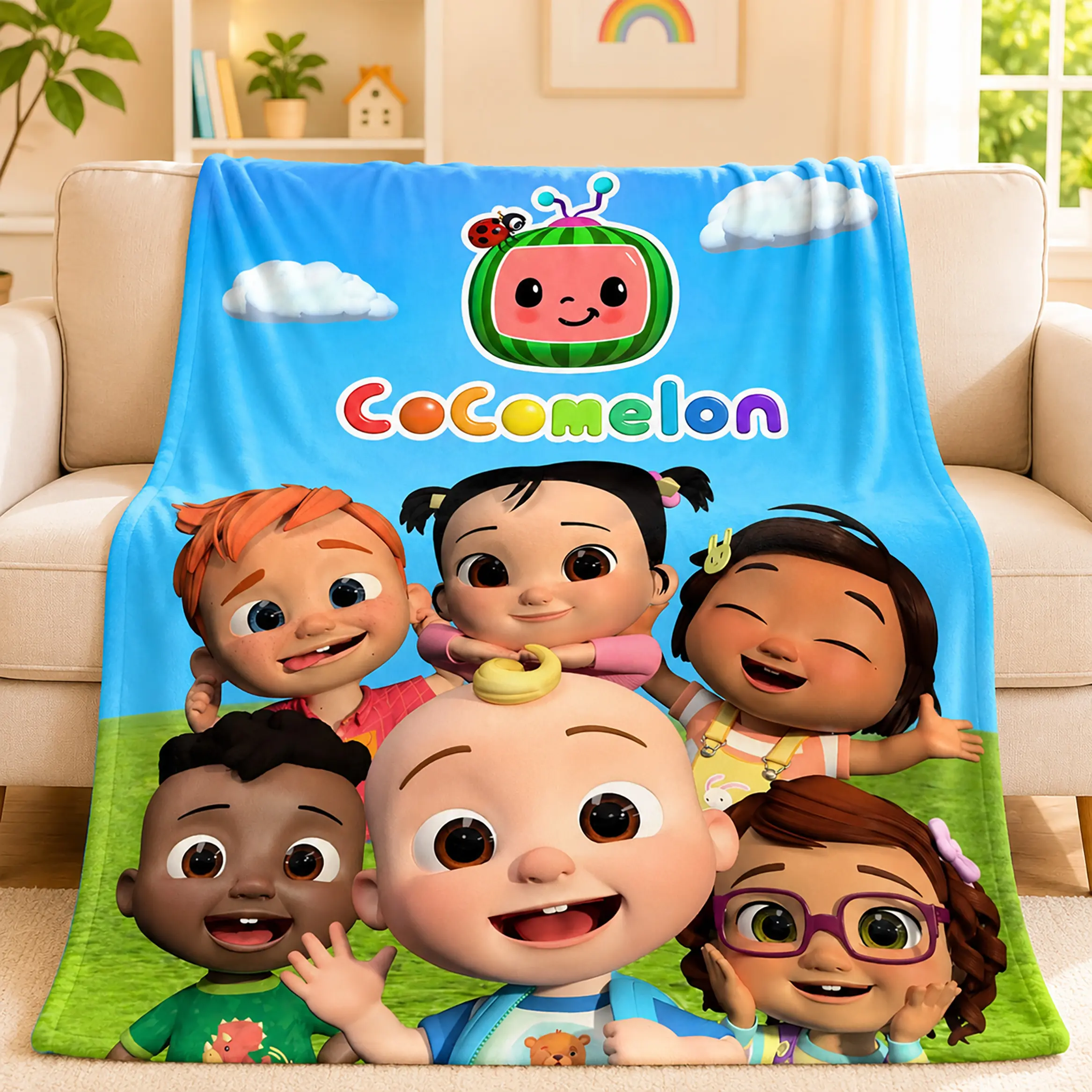 CoComelon Throw Blanket Ultra Soft Flannel Fleece Plush Warm Cozy Lightweight Cartoon Character Bed Blanket Nursery Bedroom Living Room Sofa Couch Playroom Travel Kids Toddlers Boys Girls Birthday Christmas Gift