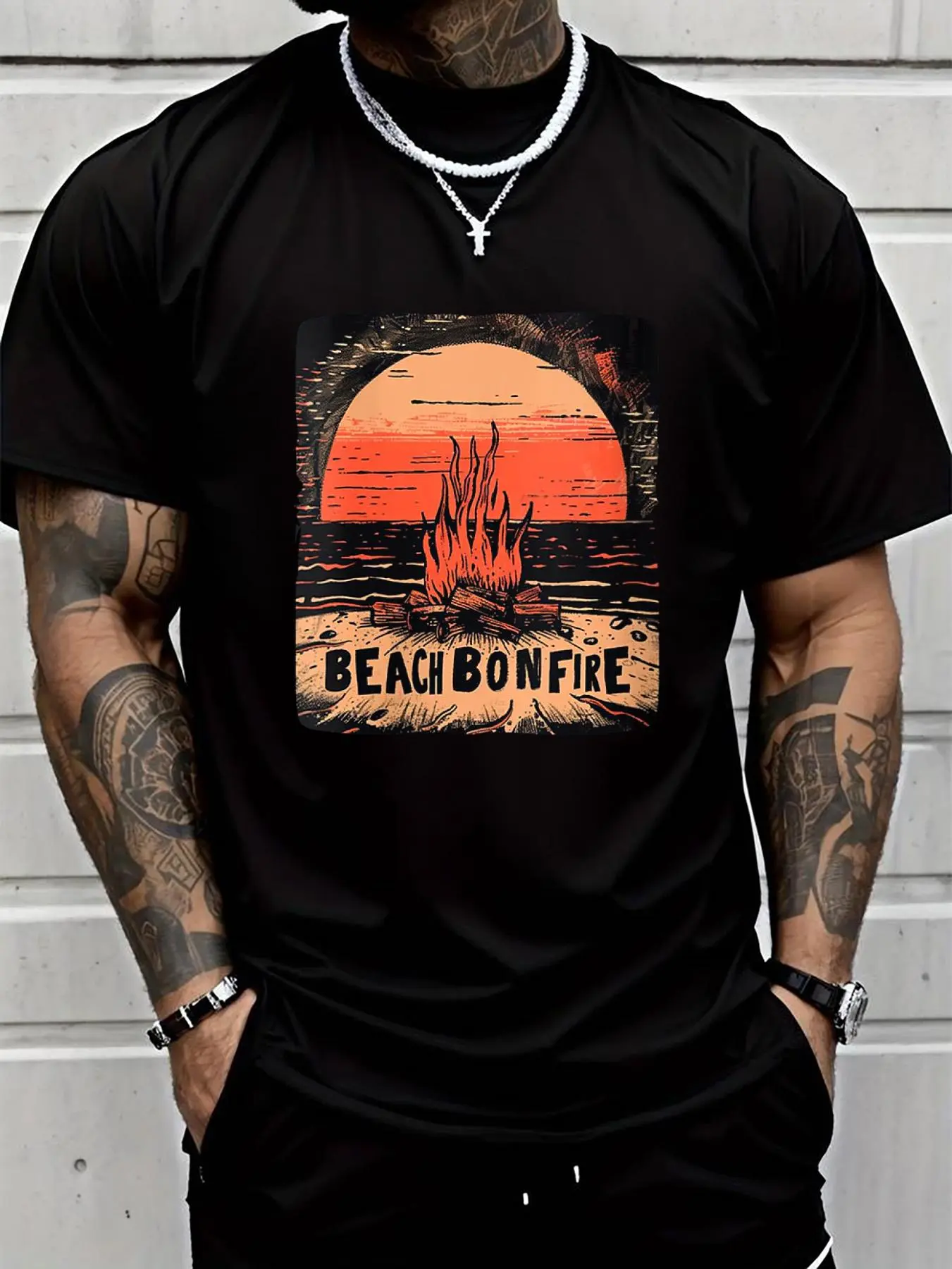 100% cotton Women Mens Cool Summer Beach Bonfire Costume o-neck T-Shirt Printed T-shirt, Short-sleeved Crew Neck Casual Top, Suitable For All Seasons, Men's Wear