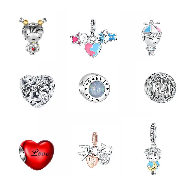 925 Silver-plated Family Series Jewelry Charms Synthetic Moissanite DIY beads for Necklace Bracelet, Perfect Gift for Family