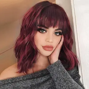 CHAOEE Bob Curly Wig Synthetic Short Wine Red Wig with Bangs Natural Looking Heat Resistant Fiber Hair for Women