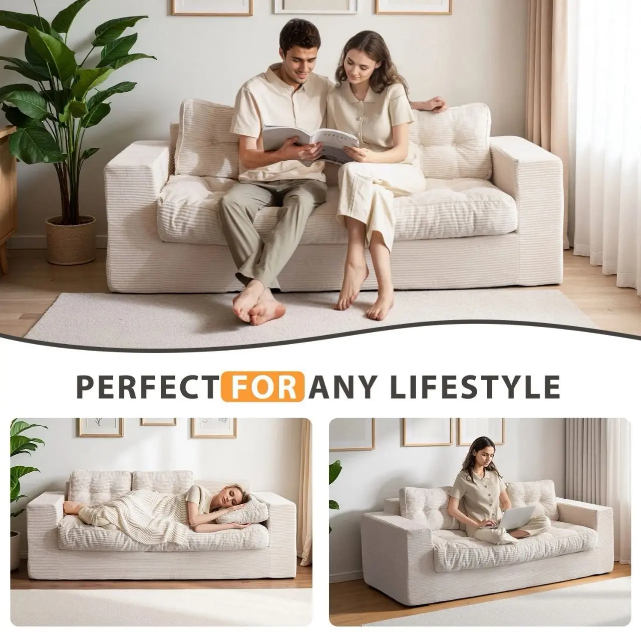 5-Seater L-Shaped Sleeper Sofa Bed with Storage & USB Ports, Beige