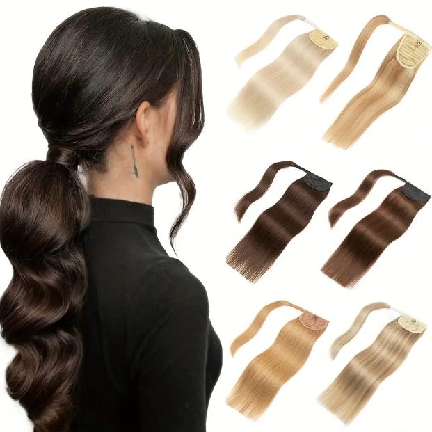 LuxeHair Straight Drawstring Ponytail Hairpiece, 100% Real Human Hair, Highlight Blonde, Clip-In Design, Natural Look, 10-28 Inch, Easy Wear & Adjustable, Versatile Styling for Women