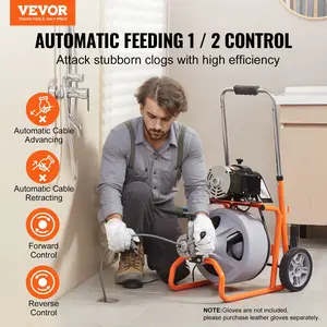 Father's Day Gift VEVOR Drain Cleaner Machine 100FT x 3/8 Inch Auto Feed with Wheels & 8 Cutters