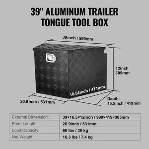 VEVOR Trailer Tongue Box, Aluminum Alloy Diamond Plate Tongue Box Tool Chest, Heavy Duty Trailer Box Storage with Lock and Keys, Utility Trailer Tongue Box for Pickup Truck, RV, Trailer, 39x16.5x12
