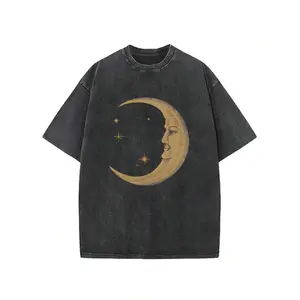 Vintage Washed Cotton T-Shirt for Men | 230gsm Soft Batik Fabric with Moon & Stars Print | Essential Beach & Summer Top, Perfect for Holiday Season and Gift Giving