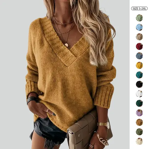 Imily Bela Women's Loose Cute Basic V-Neck Long-Sleeve Solid Knitted Fabric Womenswear Pullover Top