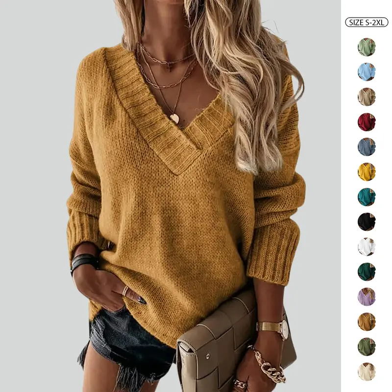 Imily Bela Women's Loose Cute Basic V-Neck Long-Sleeve Solid Knitted Fabric Womenswear Pullover Top