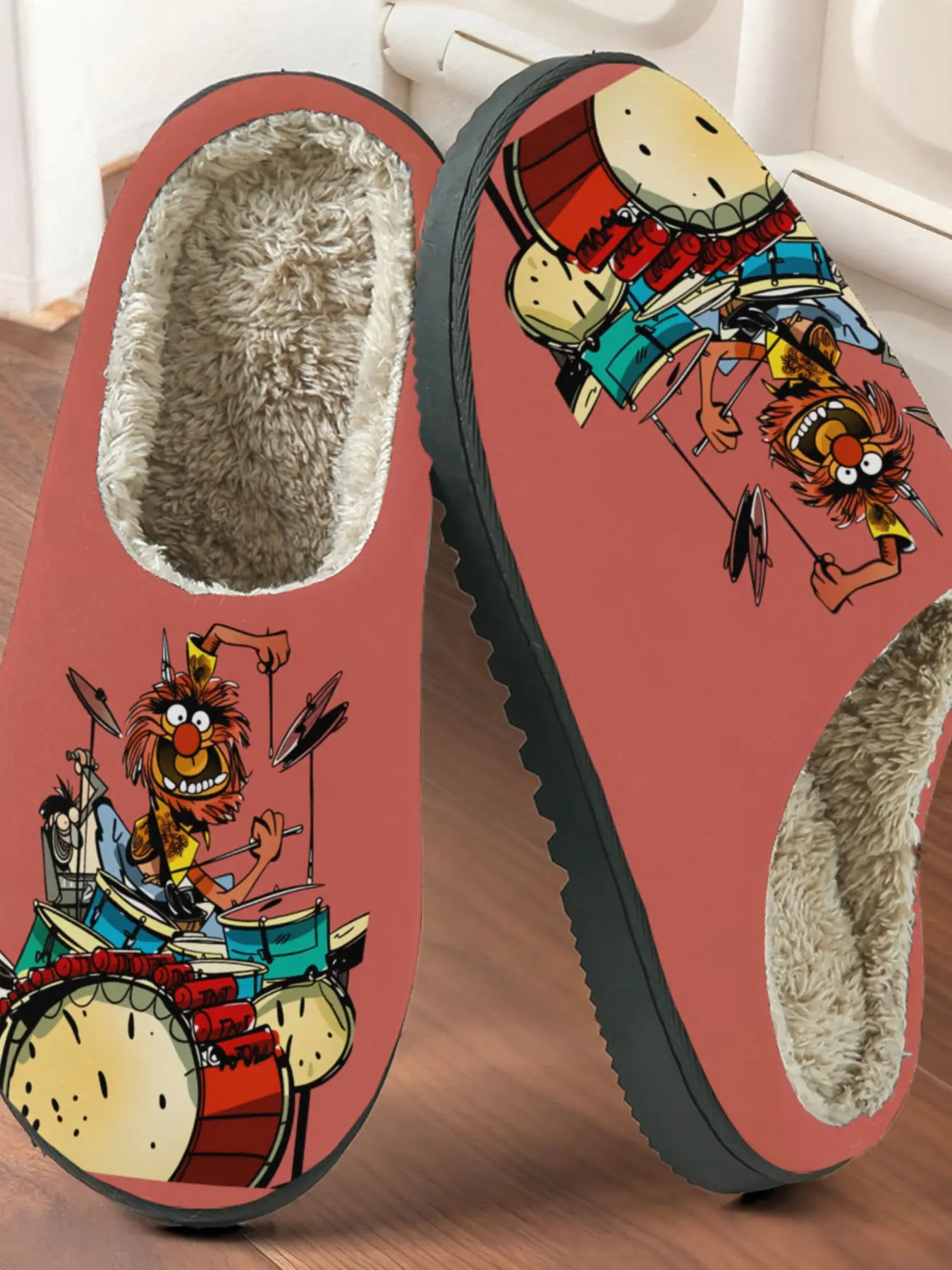 Rock Drummer Cartoon Print Cotton Slippers, Punk Style Plush Lined Non-Slip Thick Sole, Home Warm Shoes for Men Women Fall Winter