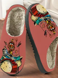 Rock Drummer Cartoon Print Cotton Slippers, Punk Style Plush Lined Non-Slip Thick Sole, Home Warm Shoes for Men Women Fall Winter