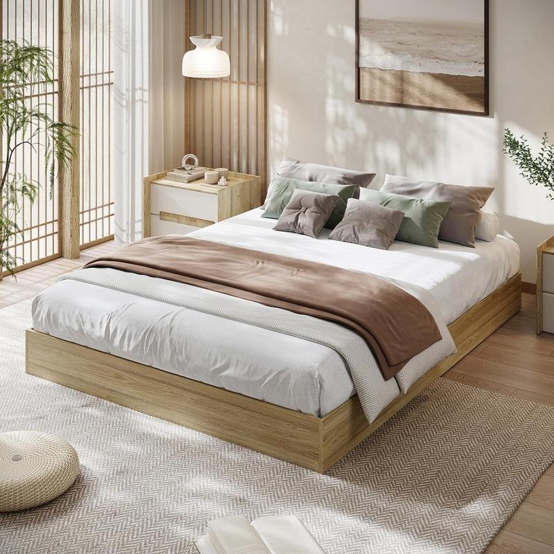 California King Size Wood Platform Bed Frame,Wooden Bed Frame Without Headboard,Floor-Standing Bed Frame,Wood Slat Support,No Box Spring Needed,Easy Assembly,Burlywood