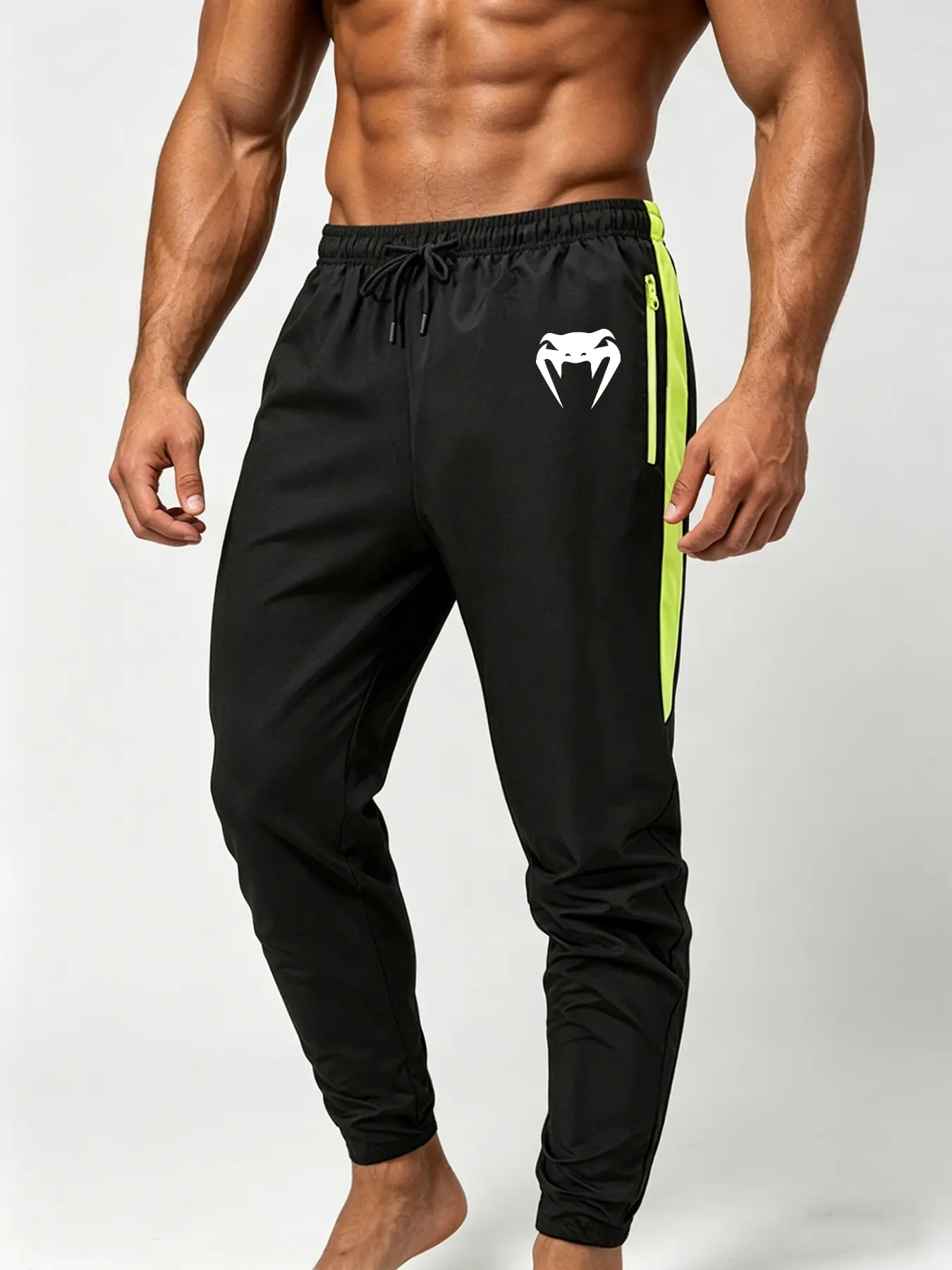 Men's Quick Dry Track Long Pants Zipper Pocket Elastic Drawstring Waist with Snake Head Logo - Quick Dry Side Striped Panel  Athletic Running Gym Outdoor Daily Trousers
