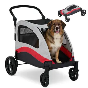 Extra Spacious Pet Wagon for Large Dogs, Foldable Dog Stroller with Adjustable Handle and 360° Swivel Front Wheels, Ventilated Mesh, Washable Cover & Convenient Storage Pocket, Holds 160 Pounds