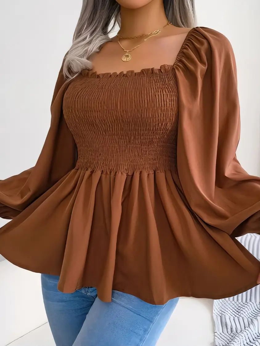 Women Square Neck Ruffle Trim Smocked Bust Puff Long SleevePeplum Blouse Elastic Gathered Waist Flared Hem Elegant CasualSatin Top, Multiple Colors Available