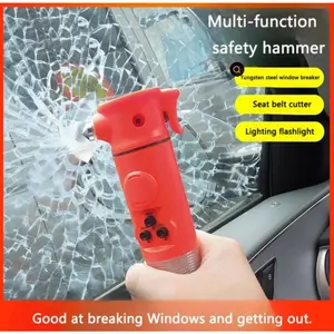 Red Multi-functional Car Safety Hammer, Emergency Escape Tool for Car Accidents, Window Breaker and Seat Belt Cutter with Flashlight