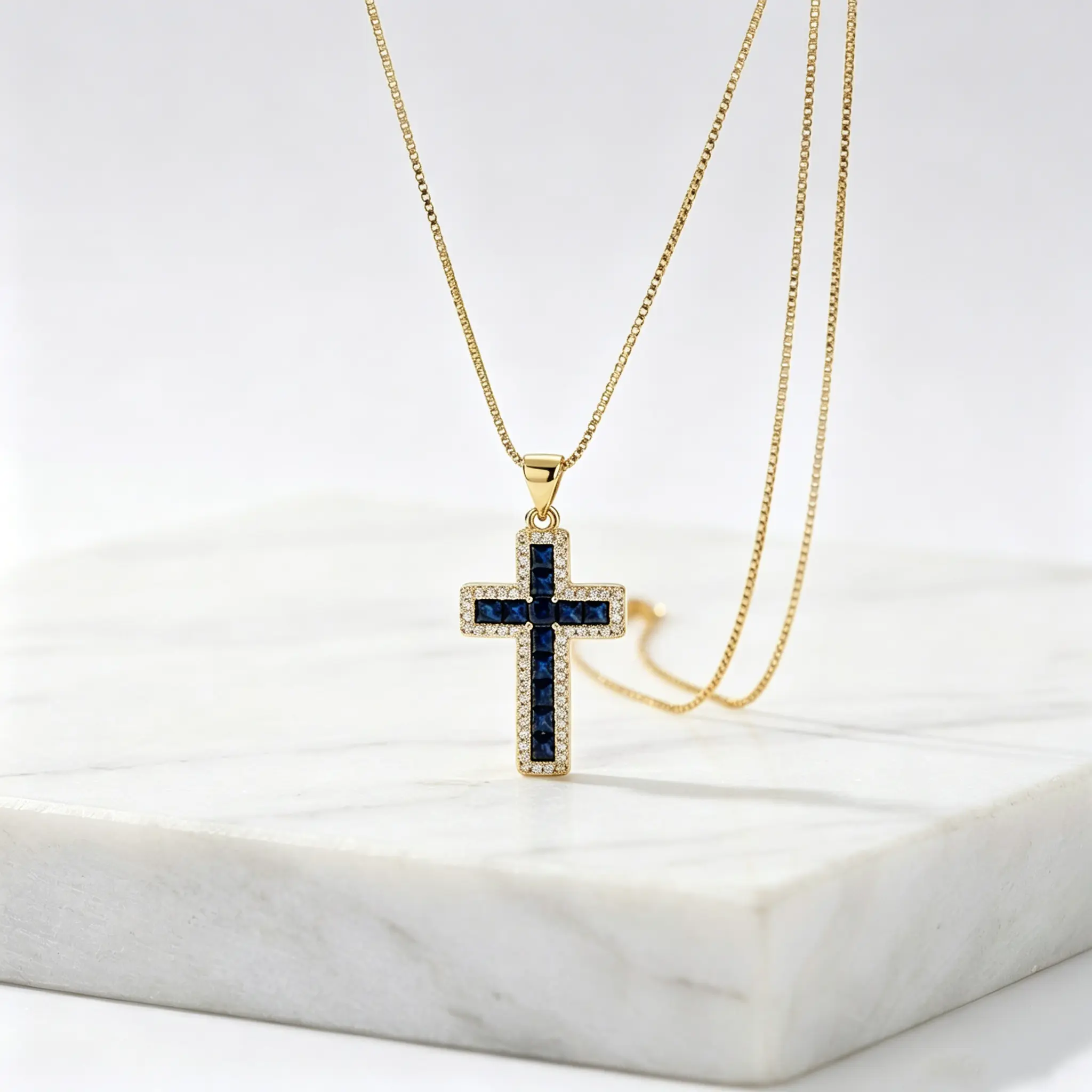Deep Blue Sapphire CZ Cross Pendant Necklace - Gold-Plated Faith Symbol Jewelry with Positive Energy for Daily Wear & Special Occasions