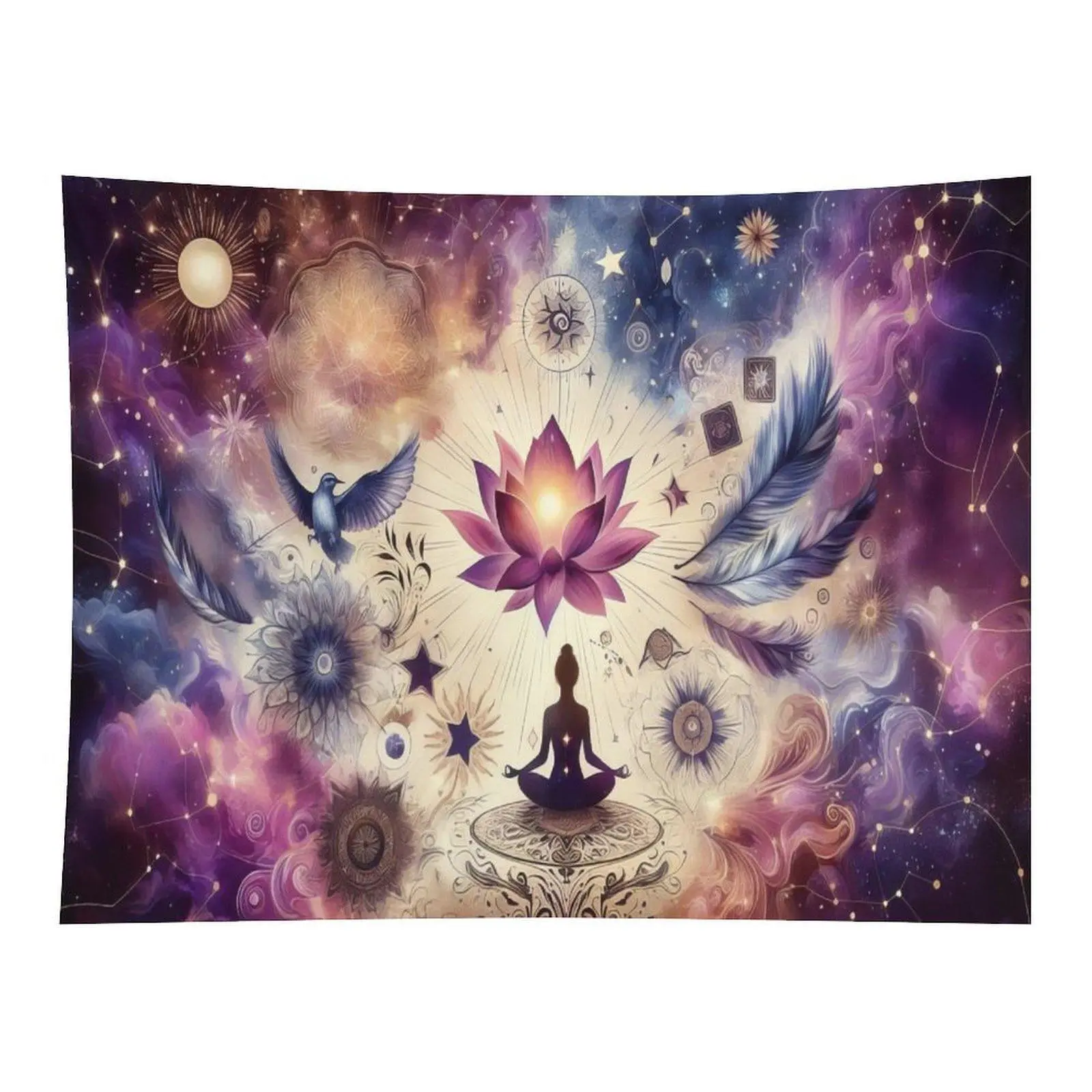 Spiritual Lotus Feather Starry Purple Nebula Yoga Meditation Wall Tapestry, Whimsical Whimsigoth Home Decor, Zen Mystic Moon Phase Witchy Aesthetic Backdrop for Yoga Studios