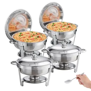 【Spotlight Day】VEVOR Chafing Dish Buffet Set, 6 Qt 4 Pack, Stainless Steel Chafer with Full Size Pan, Round Catering Warmer Server with Lid Water Pan Stand Fuel Holder Cover Holder Spoon, for at Least 6 People Each