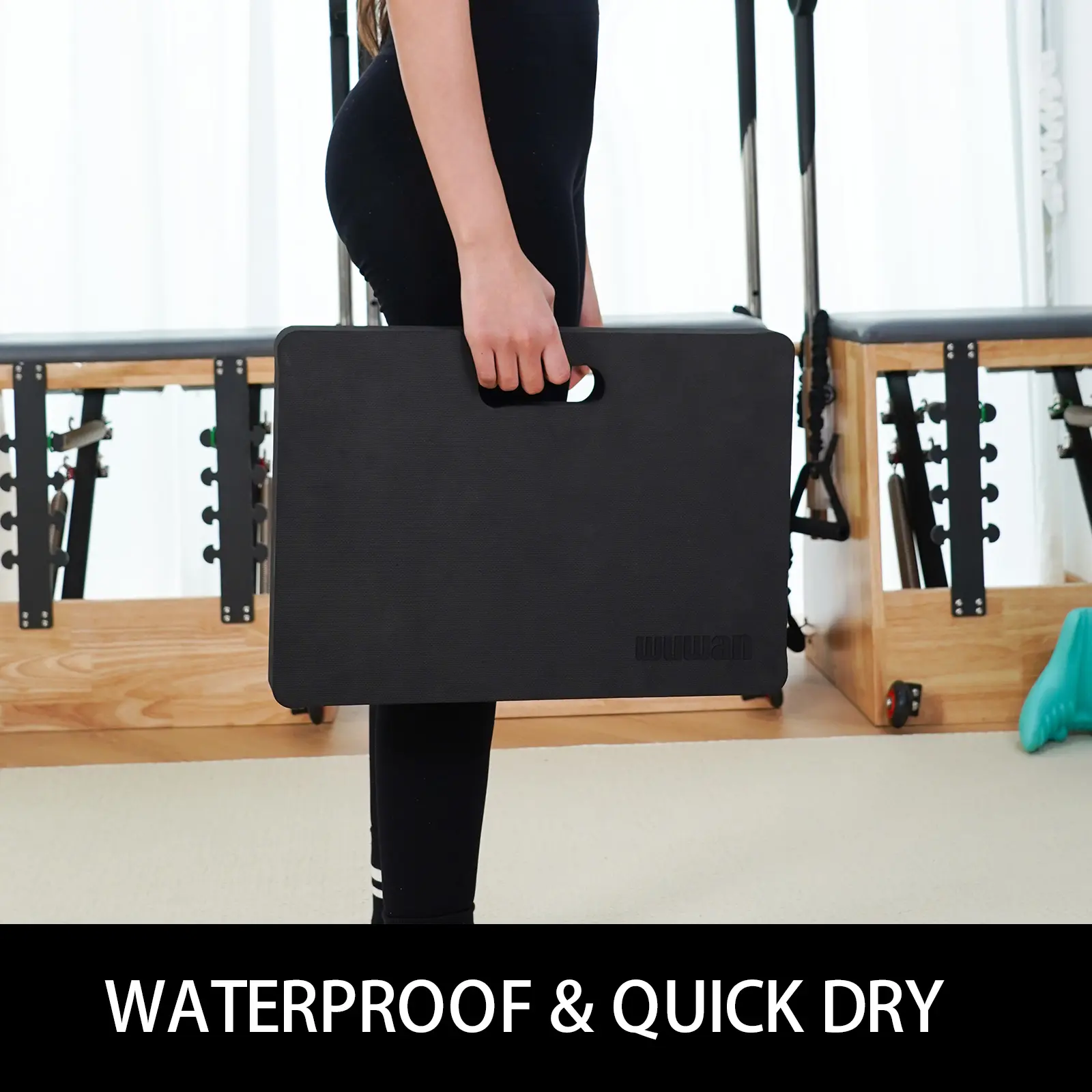 A knee-friendly black yoga mat! 1.5-inch thick kneeling pad with dual-purpose elbow and knee pads, perfect for knee push-ups and planks.