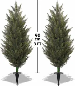 [Pack of 2] 3FT Artificial Cedar Topiary Trees - 90cm Faux Cypress for Outdoor Front Porch, UV Resistant & Weatherproof, Includes Ground Stakes Garden Patio Decor d porch