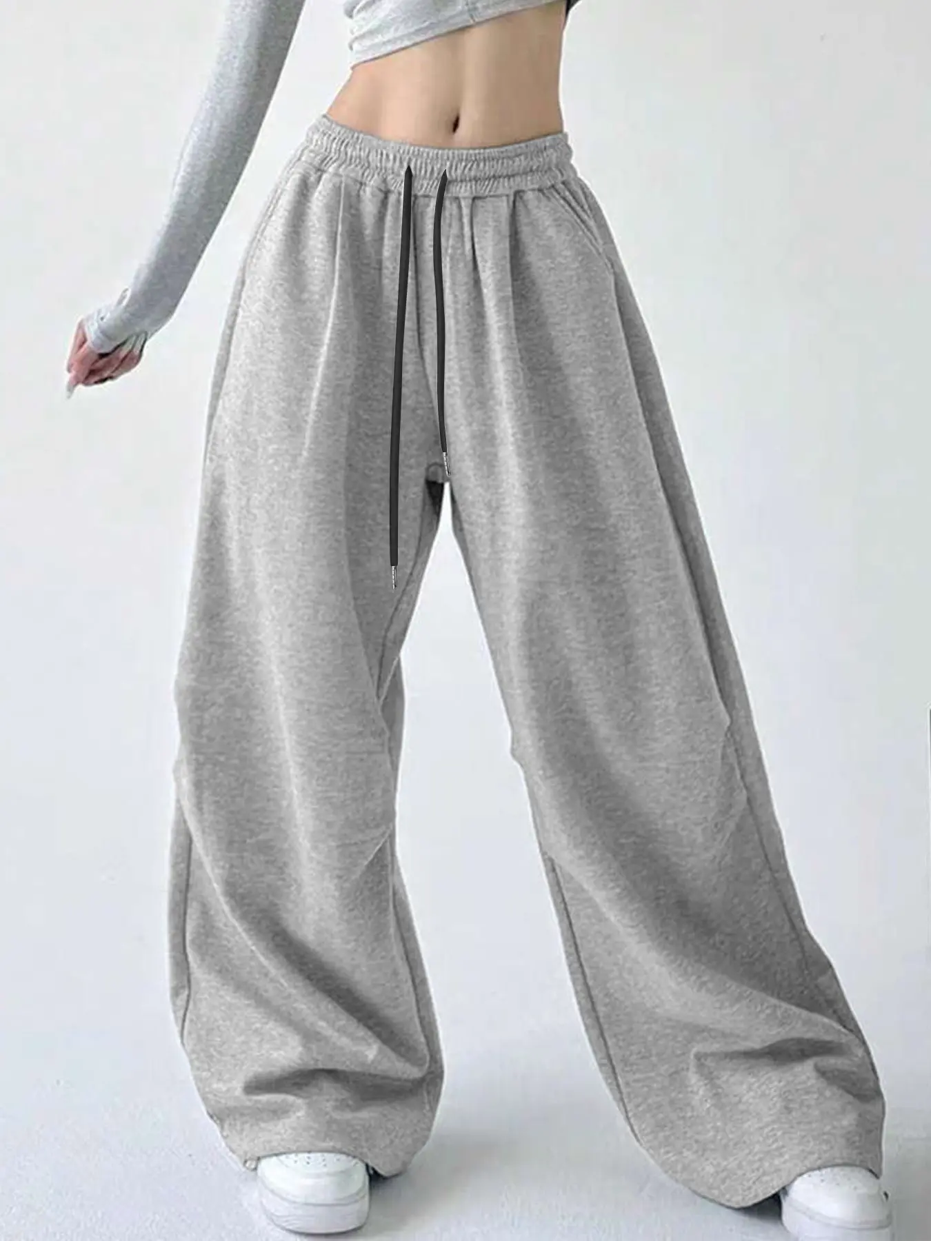 2026 Women's Light Gray Oversized Sweatpants - High-Waisted Wide-Leg Joggers with Adjustable Drawstring Waist & Soft Fabric, Perfect for Casual Daily Wear, Layering & Lounge Days, Y2K Aesthetic Loose-Fit Pants, Breathable