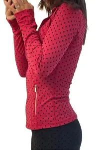 Women's 2026 New Sporty Chic Polka Dot Quick-Dry Flocked Fabric Sports Outerwear Coat - Long Sleeve, Slim Cut, Mock Neck, All-Season Casual Top