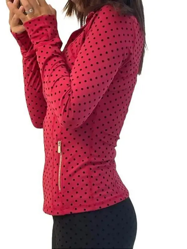 Women's 2026 New Sporty Chic Polka Dot Quick-Dry Flocked Fabric Sports Outerwear Jacket - Long Sleeve, Slim Cut, Mock Neck, All-Season Casual Top