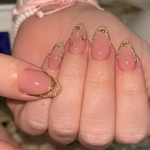 24pcs Wearable Nail Tips, Daily Gold French Manicure, Nude Color with Gold Glitter Rhinestones, Reusable Short Oval Nail Extensions