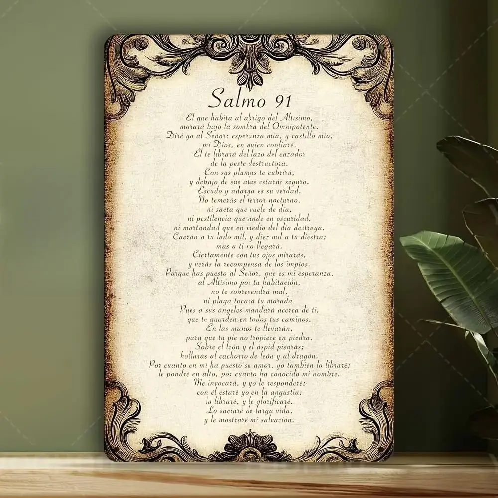 1pc 8x12in (20x30cm) Aluminium Metal Wall Art Plaque - Vintage Spanish Psalm 91, Ornate Frame, Eco-Friendly Religious Supplies, Stylish Religious Decor, Bright, Pre-Drilled Holes, Wardrobe-G2 Wall Decor for Study, Indoor/Outdoor Use