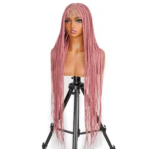 YMSGIRL 36" Handmade Pink Full Lace Box Braids Wig Super Soft Lightweight Tangle-Free Synthetic Hair With Adjustable Straps Bold Protective Style