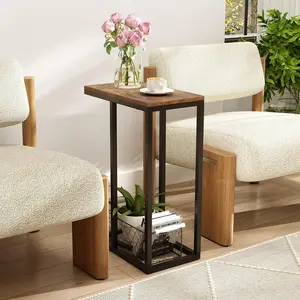 Vallmore C-Shaped End Table, Slides Under Couch or Bed, Industrial Sofa Side Table with Metal Frame & Adjustable Foot Pads, 70 pounds Capacity TV Tray for Living Room, Bedroom