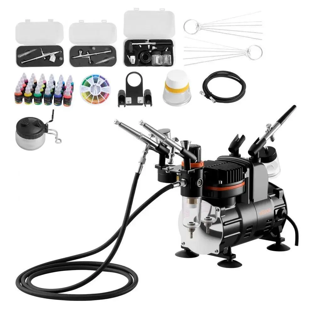 【Summerfinds】VEVOR Airbrush Kit, 1/6 HP, Air Brush Kit with Air Compressor, 3 Dual-Action Professional Airbrushes with 3 Tips, Hose, Acrylic Paint, Brush, Low Noise, for Cake Decorating, Model Painting, Nail Art