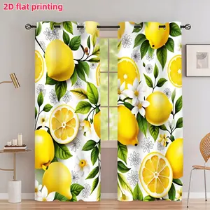 2D Flat 2Pcs Fresh Lemon Fruit Pattern Curtains, Vibrant Yellow Citrus with White Flowers and Green Leaves Print, Grommet Top Drapes, Semi Sunshade for Living Room Bedroom Kitchen Study Window Decoration, Anti Privacy