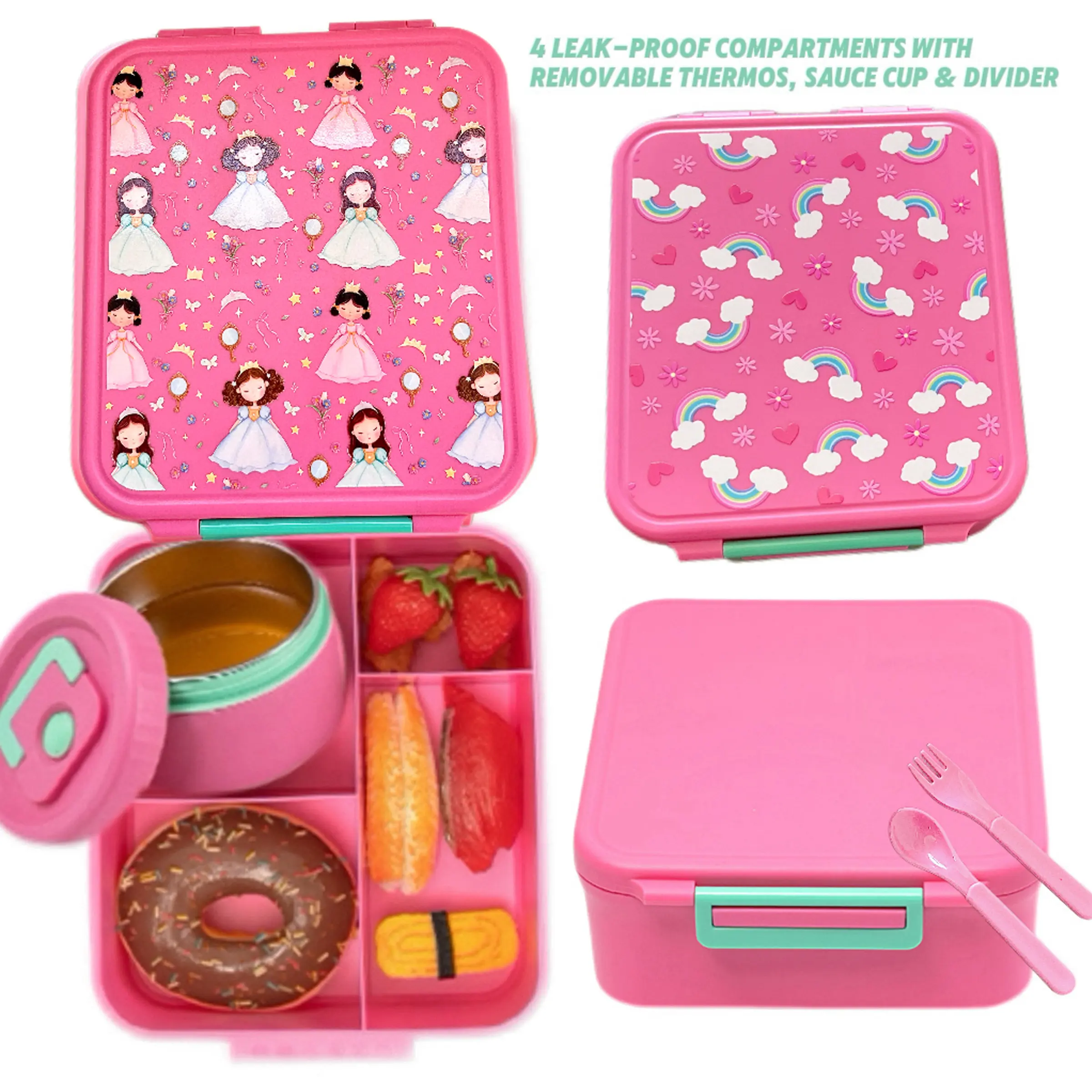 Children's bento box set, microwavable bento box, Leakproof lunch box, with 12 oz soup bowl, leak-proof four-compartment bento container, fork and spoon, Bpa free compartments, tableware for kids, microwave and dishwasher safe food box