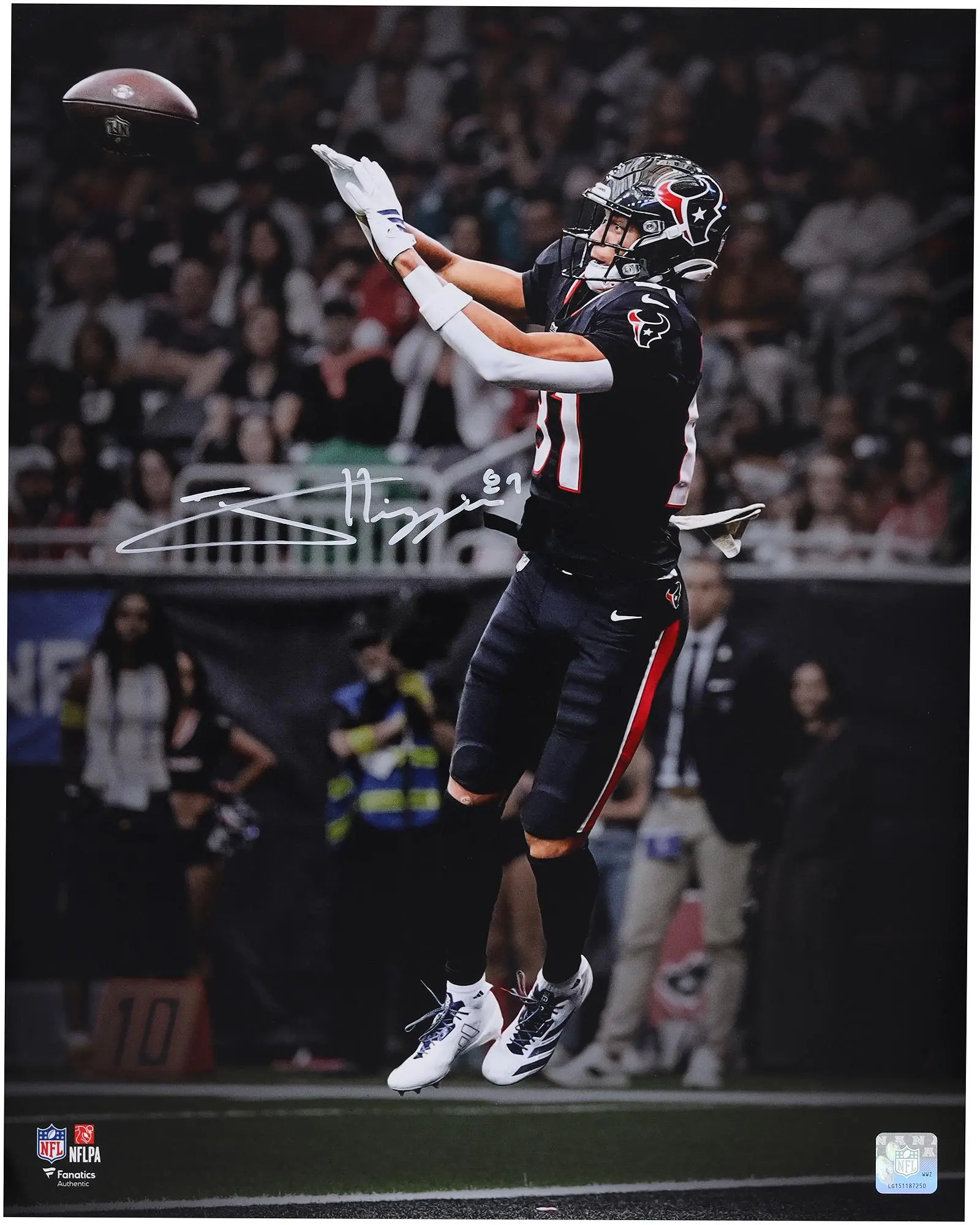 Jayden Higgins Houston Texans Autographed 16" x 20" Touchdown Catch Spotlight Photograph - Fanatics Authentic Certified
