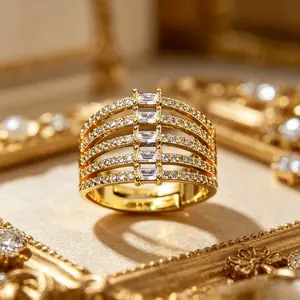 Luxury Golden-Tone Adjustable Engagement Ring, Baguette & Round Accent Statement Band, Elegant Wedding Promise Ring, Ideal Gift for Valentine's Day, Parties & Special Occasions