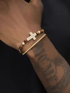 Men's Rhinestone Decorated Cross Beaded Bracelets, Casual Trendy Beaded Bracelets, Fashionable Jewelry for Daily & Party Decoration, Fashion Cross Bangle, Cross Charm Bangle