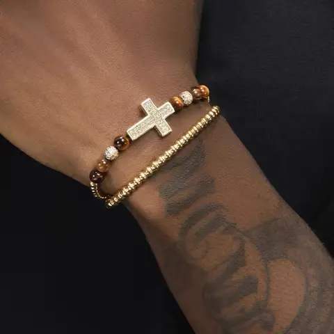 Men's Rhinestone Decorated Cross Beaded Bracelets, Casual Trendy Beaded Bracelets, Fashionable Jewelry for Daily & Party Decoration, Fashion Cross Bangle, Cross Charm Bangle, Beaded Bracelet Set, Trendy Jewellery Accessories