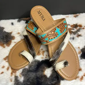 Western Tooled Leather & Cowhide Sandal