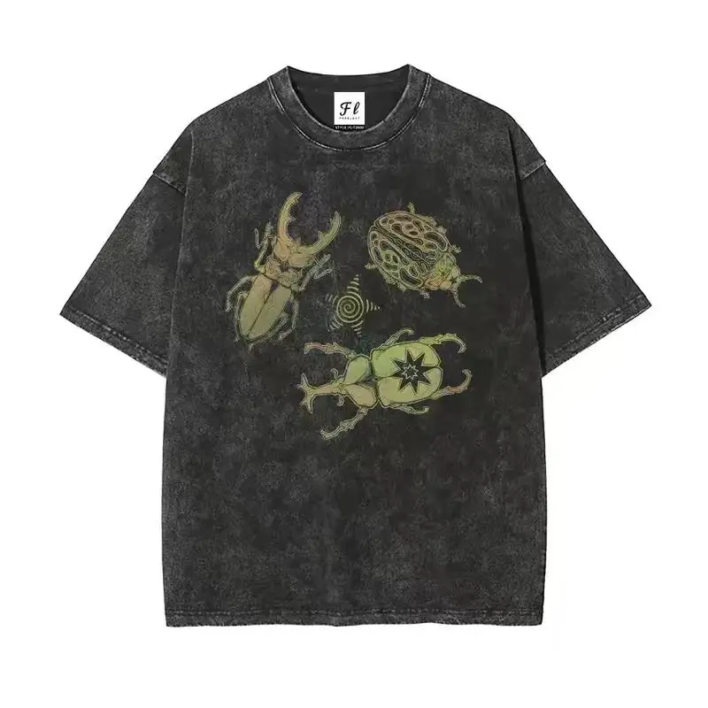 Women's Allomyrina Dichotoma Beetle Printed Casual Short-Sleeve Round Neck Vintage Washed Batik Cotton Top - Unisex Oversize Fit, Natural Fabric, S-3XL Sizes, Summer Vibes