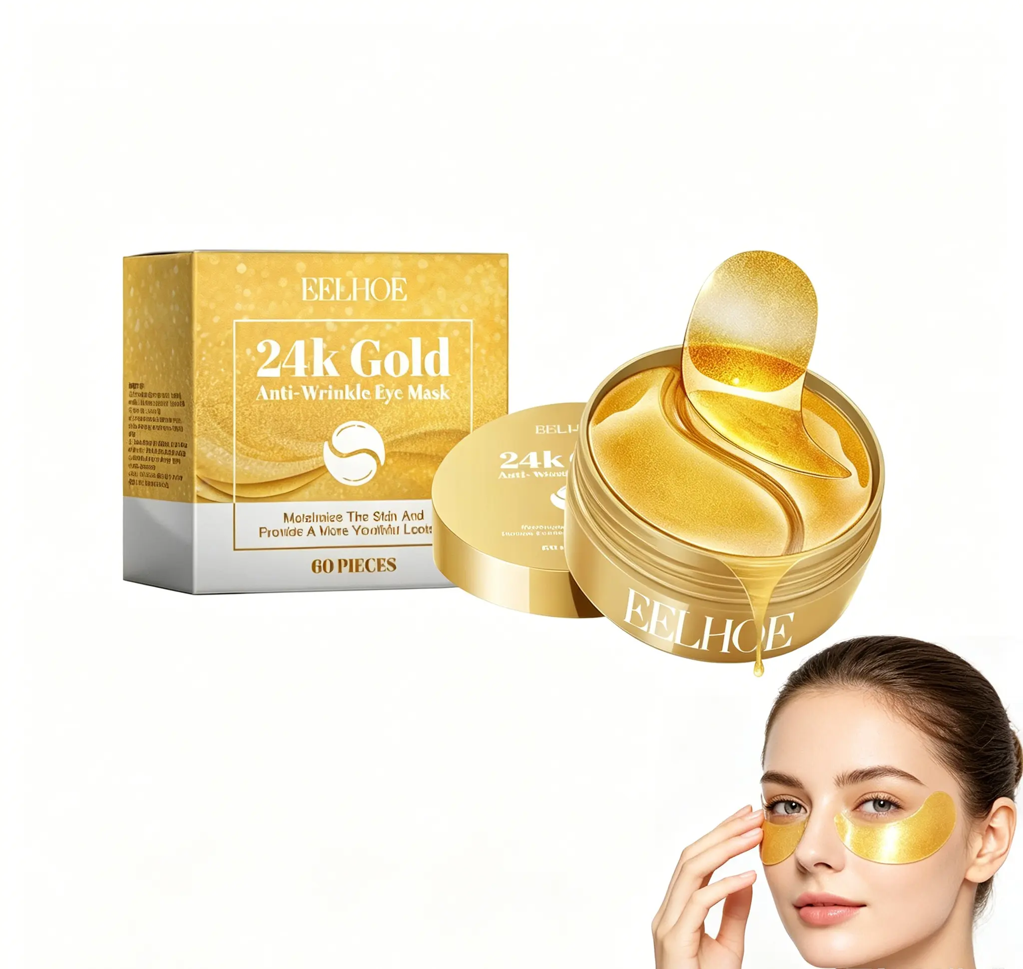 EELHOE 24K Gold Eye Patches for Under Eye Care – Hydrating Hydrogel Eye with Hyaluronic Acid, Collagen & Glycerin, Moisturizing and Refreshing Eye Treatment Mask for Fine Lines and Puffy-Looking Eyes, 60 Pads