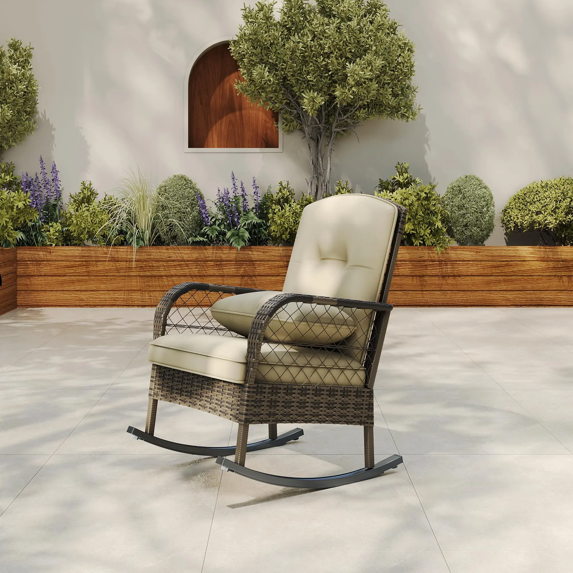GAOMON Outdoor Wicker Rocking Chair, Patio Rattan Rocker Chair with Cushions & Steel Frame, All-Weather Rocking Lawn Wicker Furniture for Garden Backyard Porch, 1 Pack