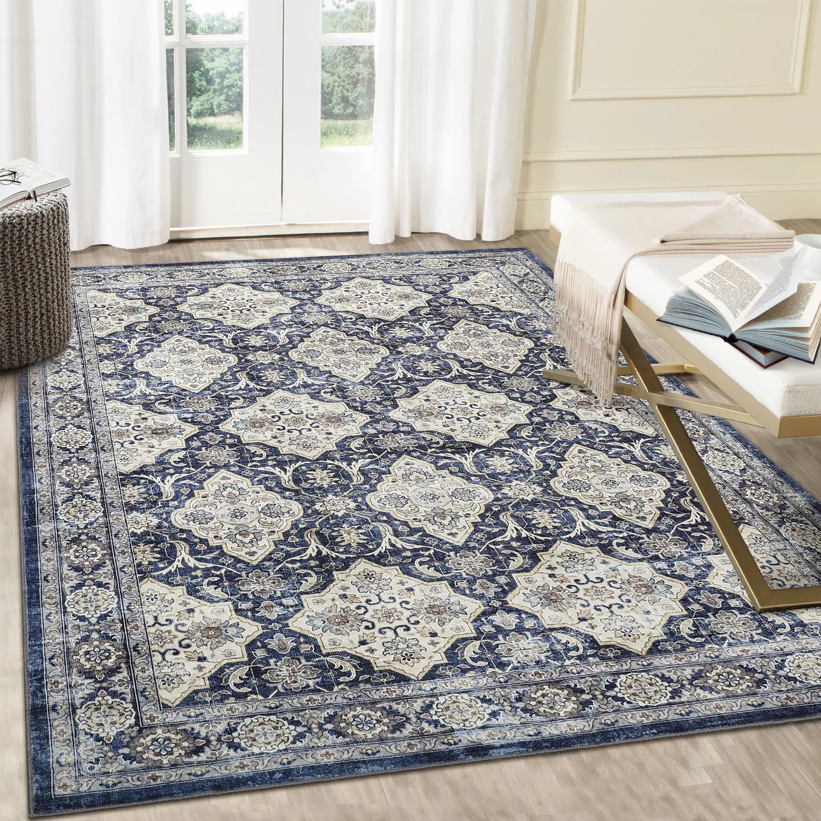 Garvee Washable Vintage Boho Floral Area Rug - Distressed Low-Pile Ultra-Thin Non-Shedding Non-Slip Indoor Carpet for Living Room Bedroom Dining Room Nursery Office - Gray Blue/Grey/Navy