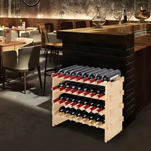 Solid Bamboo 6-Tier Stackable Modular Wine Rack, 48-Bottle Natural Wood Storage Display Shelf, Home Organizer Holder with Stackable Tiers, Modular Rack