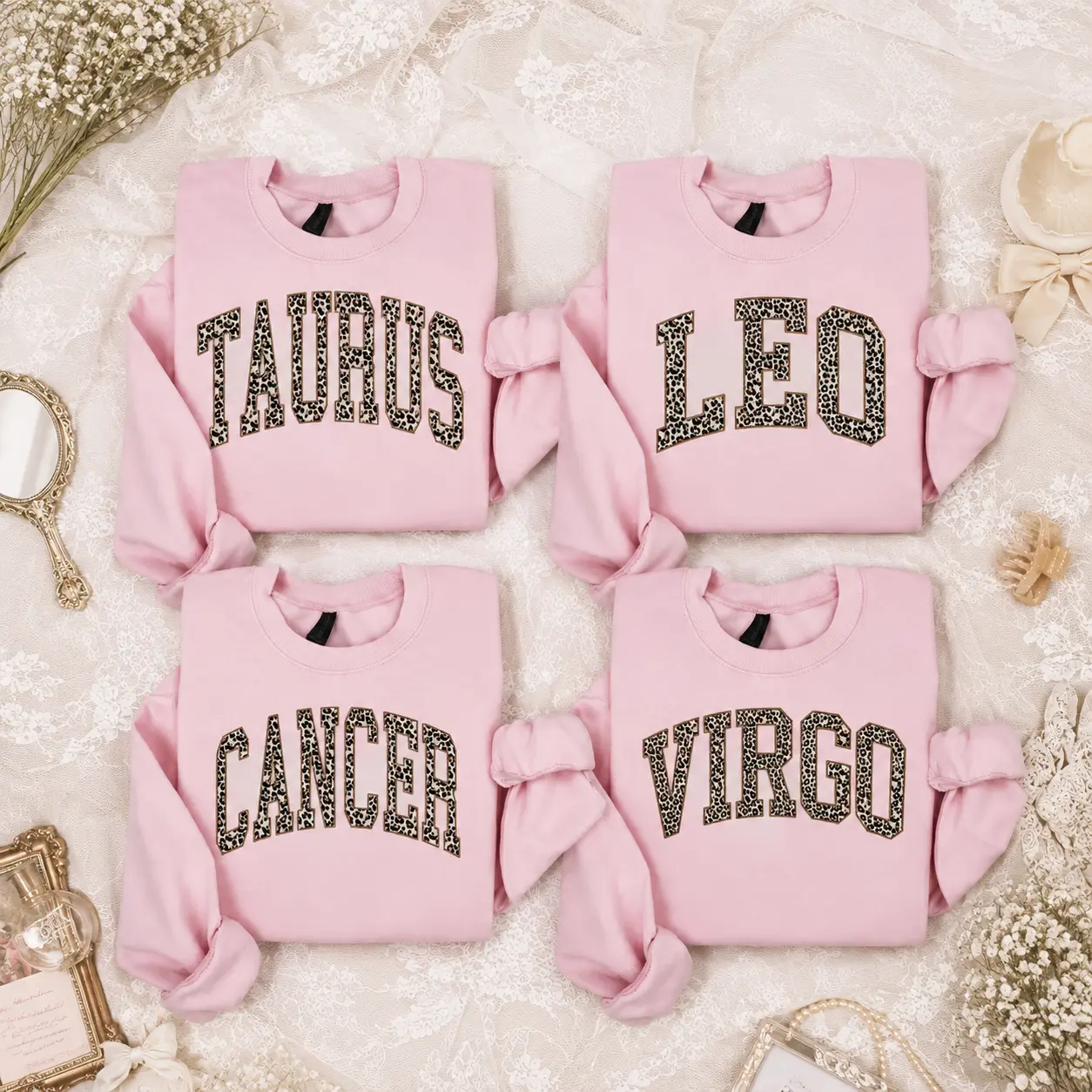 [Full 12 Zodiac] Personalized Zodiac Sign Sweatshirt, Light Pink Color, Leopard Print Astrology Crewneck, Custom Horoscope Sweatshirt, Taurus Leo Cancer Virgo Gift, Birthday Zodiac Crewneck, Gift for Her- DarkFlex