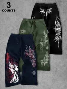 3-Pack Men's Casual Sport Pants, Thorn & Angel, Japanese Plum Blossom Print, Drawstring Wide Leg, All-Season Leisure Long Pants