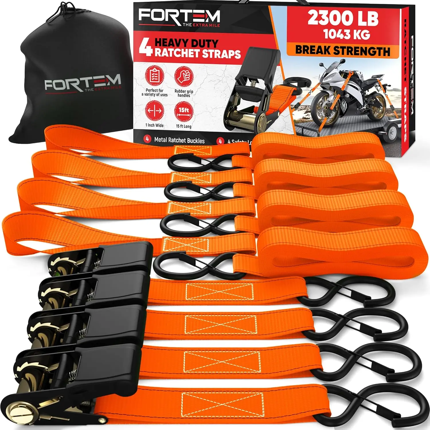 Ratchet Straps, 2300lb Break Strength, 4 15ft Tie Down Strap Set, 4 Soft Loops, Motorcycle Straps Tie Downs, Cargo Straps, Rubber Handles,S-Clips