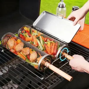 2025 Upgrade Stainless Steel Rolling BBQ Grill Basket - Rotatable Cylinder Mesh | Non-Stick Easy Clean | Perfect for Outdoor Grilling Vegetables, Meats & Seafood