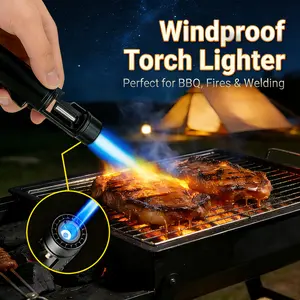 Multi-Functional Metal Torch Lighter | Adjustable Refillable Butane Jet Blue Flame Blowtorch With Bottle Opener, Windproof Handheld Zinc Alloy Lighter, 360° Rotation Ignition For Outdoor Kitchen, Camping, Barbecue & Baking (Butane Gas Not Included)