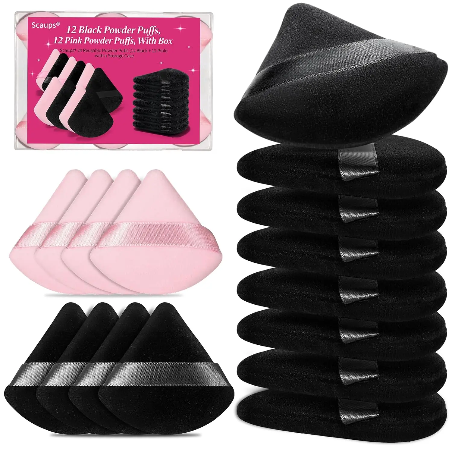 24Pcs Black and Pink Powder Puff, Triangle Powder Puffs, Powder Puffs for Makeup and Cosmetic Foundation