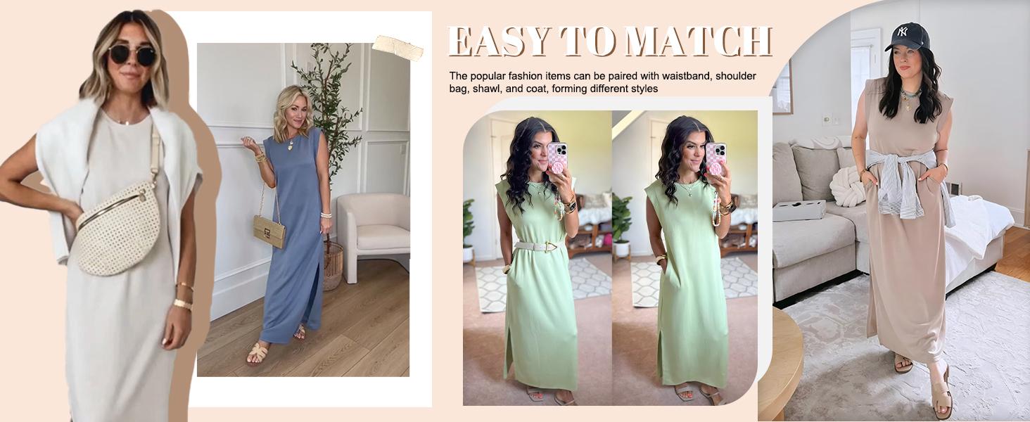 GRECERELLE 2026 Women Summer Round Neck Casual Loose Split Wrinkle-Free Long Maxi Vacation Dress with Pockets